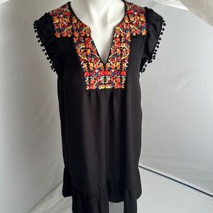 THML black multicolor embroidered floral v-neck bib dress